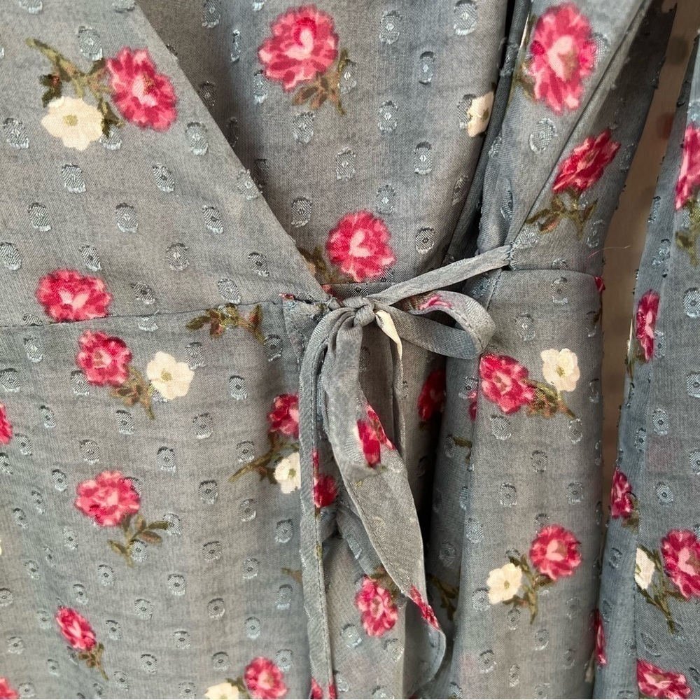 Wayf Eloise Floral Wrap Dress Clip Dot Ruffle Long Sheer Sleeve Tulip Hem Sz S - Picture 7 of 14